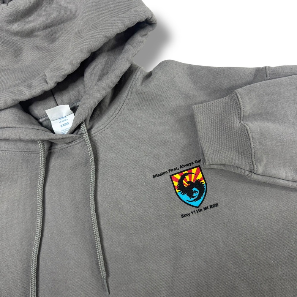 NWOT 111th MI BDE Large Gray Hoodie Mission First Always Out‎ Front
